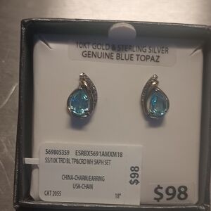 Blue Topaz With Gold, Sterling Silver Earrings And White Sapphire